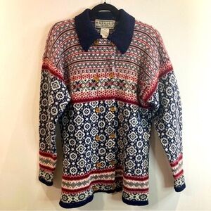 MAC & JAC Sz M 100% Wool Fair Isle Style Wooden Buttons Double Breasted Cardigan